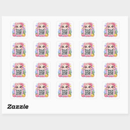Adesivo Quadrado Bonito Personagem de Código QR Rosa Kawaii Floral