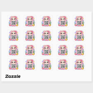 Adesivo Quadrado Bonito Personagem de Código QR Rosa Kawaii Floral