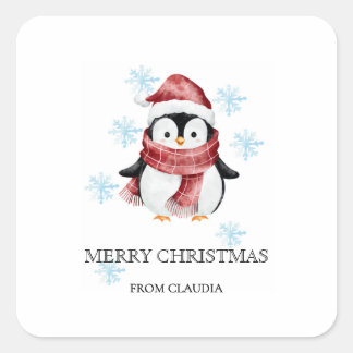 Adesivo Quadrado Bonito Pinguim Personalizado Presente de Natal