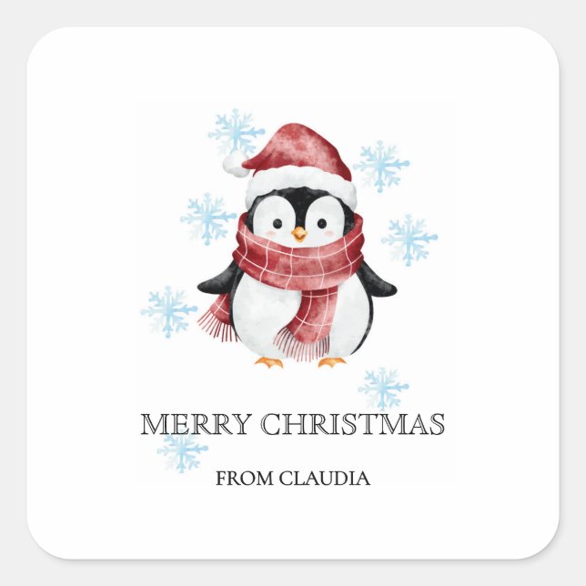 Adesivo Quadrado Bonito Pinguim Personalizado Presente de Natal (Frente)
