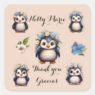 Adesivo Quadrado Bonito Pinguins Nome Bilingual Gracias Obrigado