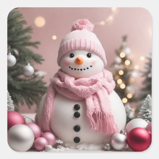 Adesivo Quadrado Bonito Pink Christmas Snowman (Frente)