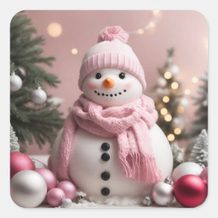 Adesivo Quadrado Bonito Pink Christmas Snowman