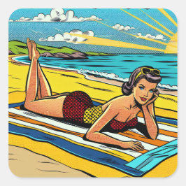 Adesivo Quadrado Bonito Pinup Girl na praia