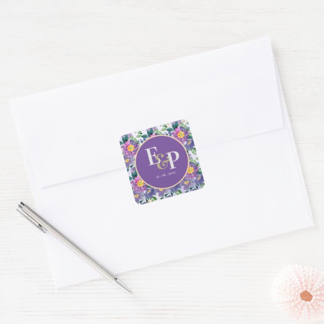 Adesivo Quadrado Bonito Púrpura Azul Florais Monograma Casamento (Envelope)