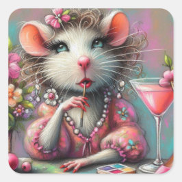 Adesivo Quadrado Bonito Rat Lady Tendo um Martini Contemplando