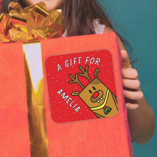 Adesivo Quadrado Bonito Red Reindeer Kid Nome do Presente de Natal