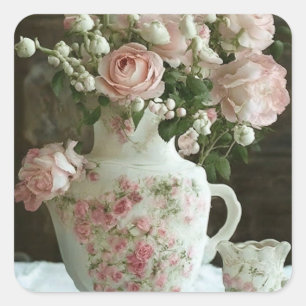 Adesivo Quadrado Bonito rosas rosa na antiga bule chinesa venenosa