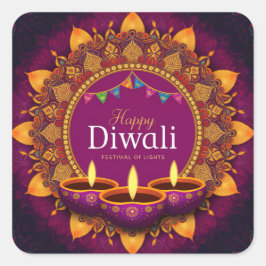 Adesivo Quadrado Bonito Roxo Diya Colorida Mandala Happy Diwali