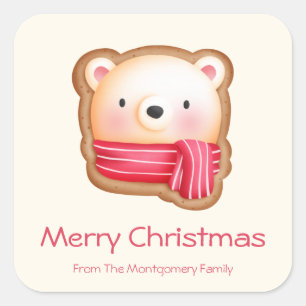 Adesivo Quadrado Bonito Urso Rosto num Biscoito de Natal Vermelho