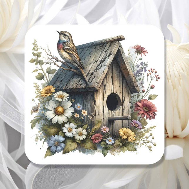 Adesivo Quadrado Bonito Watercolor Rustic Birdhouse e Bird (Criador carregado)