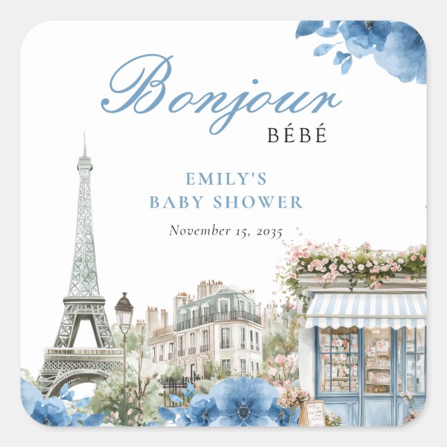 Adesivo Quadrado Bonjour Bebe French Blue Baby Shower (Frente)