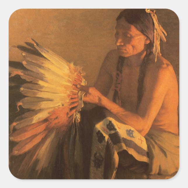 Adesivo Quadrado Bonnet da Guerra Antiga por Joseph Henry Sharp (Frente)