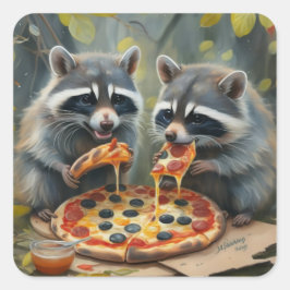 Adesivo Quadrado Bons animais engraçados comendo uma pizza, ideias 