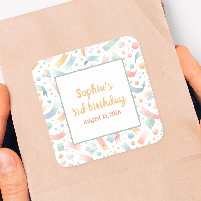 Adesivo Quadrado Bons Crianças Divertidas Confetti Colorida Pastel  (Celebrate in style with custom name birthday stickers. Perfect for party favors and gift bags!)