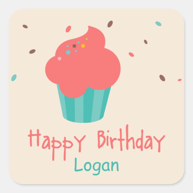 Adesivo Quadrado Bons desejos de aniversário do Cupcake (Frente)