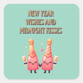 Adesivo Quadrado Bons desejos de ano novo e meia-noite Kisses Kawai