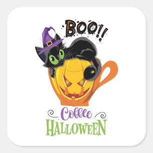Adesivo Quadrado Boo Black Cat, Assustador Pumpkin Café Halloween