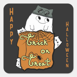 Adesivo Quadrado Boo de Halloween Fofo - Truque ou Guloseimas de Ha