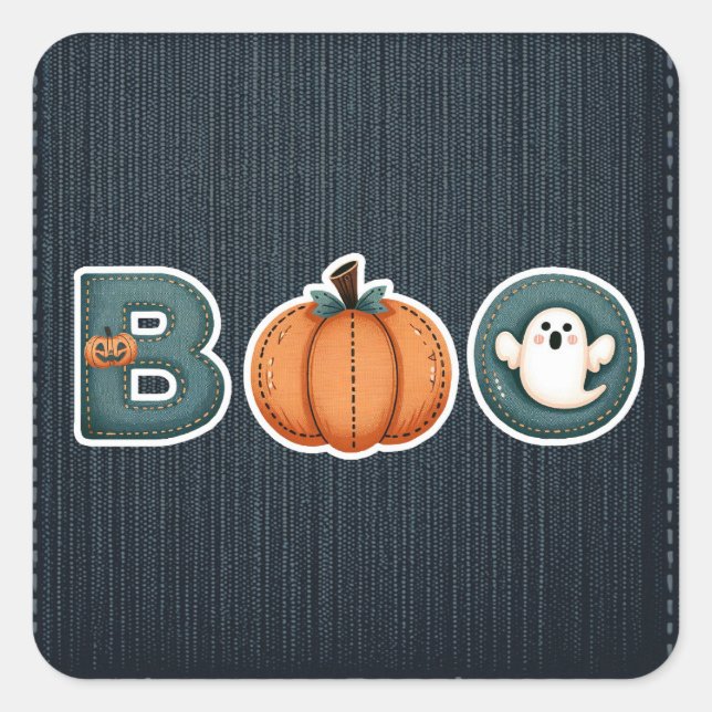 Adesivo Quadrado BOO Denim País Russo Pumpkin Ghost Halloween (Frente)