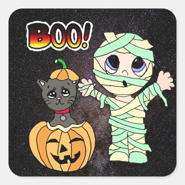 Adesivo Quadrado Boo Halloween Black Cat in Pumpkin and Mummy (Frente)