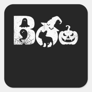 Adesivo Quadrado Boo Halloween Costume Bulldog Pumpkin & Witch Hat