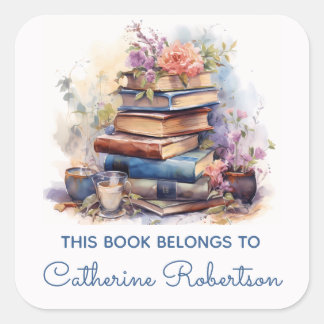 Adesivo Quadrado Book Stack This Book belongs to Name Bookplate