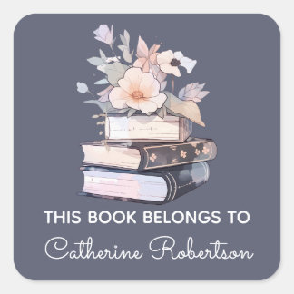 Adesivo Quadrado Book Stack This Book belongs to Name Bookplate