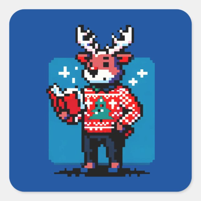 Adesivo Quadrado Bookish Reindeer - Design de Natal Cozy Pixel Art (Frente)