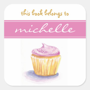 Adesivo Quadrado Bookplate cor-de-rosa do cupcake
