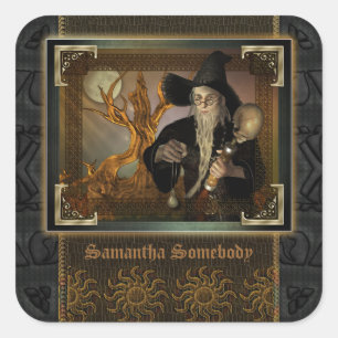 Adesivo Quadrado Bookplate mágico da ilustração da fantasia dos