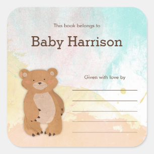 Adesivo Quadrado Bookplates neutros do chá de fraldas do urso da