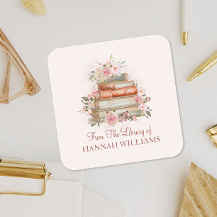 Adesivo Quadrado Books and Vintage Pink Roses Bookplate