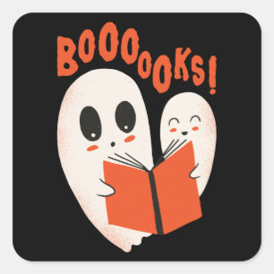 Adesivo Quadrado Bookworm Engraçado Fantasma do Halloween Livros de