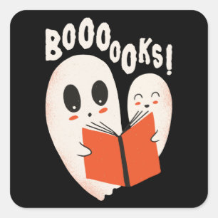 Adesivo Quadrado Bookworm Engraçado Fantasma do Halloween Livros de
