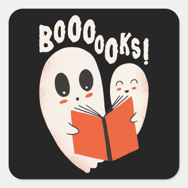 Adesivo Quadrado Bookworm Engraçado Fantasma do Halloween Livros de (Frente)
