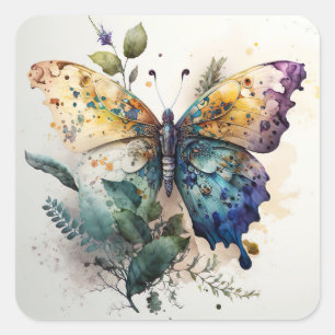 Adesivo Quadrado Borboleta Aquarela Scrapbooking