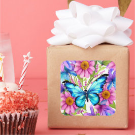 Adesivo Quadrado Borboleta Azul em Campo de Flores