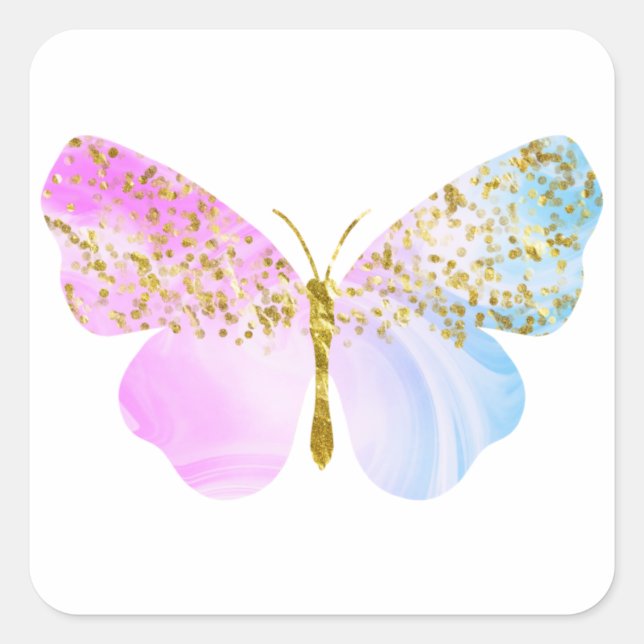 Adesivo Quadrado Borboleta azul violeta arco-íris com Glitter Doura (Frente)