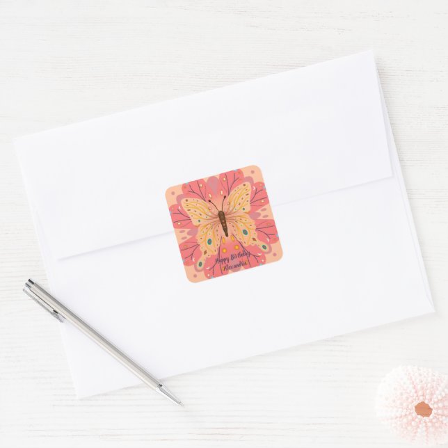 Adesivo Quadrado Borboleta Birthday (Envelope)