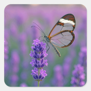 Adesivo Quadrado Borboleta de Asa de Vidro em uma Flor de Lavanda