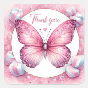 Adesivo Quadrado Borboleta de Doce de Marshmallow Rosa - Obrigado -