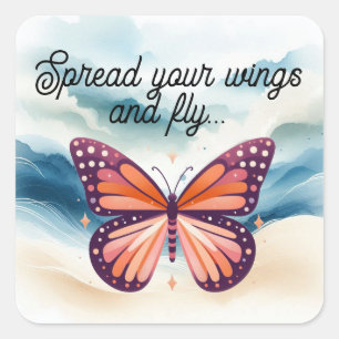 Adesivo Quadrado Borboleta de Monarca Laranja Rústica com Dizendo