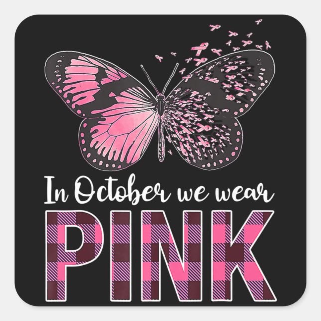 Adesivo Quadrado Borboleta de Sensibilização para o Cancer - Em out (Frente)