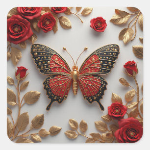 Adesivo Quadrado Borboleta Dourada Com Rosas Vermelhas E Folhas Dou