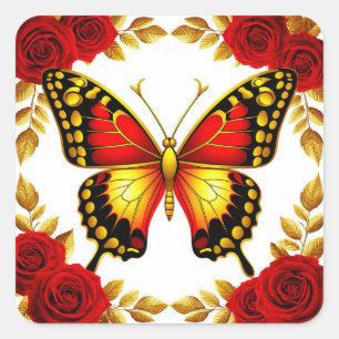 Adesivo Quadrado Borboleta Dourada Com Rosas Vermelhas E Folhas Dou