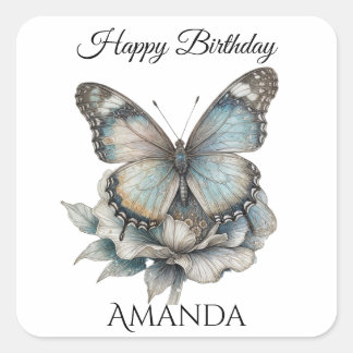 Adesivo Quadrado Borboleta Feliz Aniversário Feminino