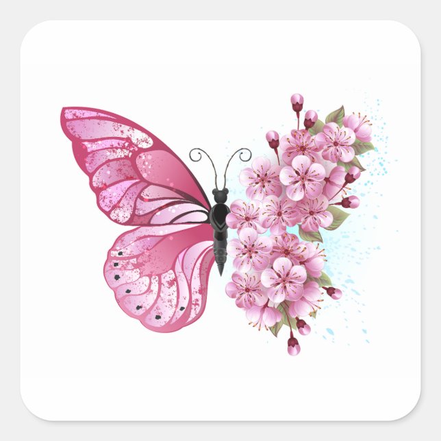 Adesivo Quadrado Borboleta Flor com Sakura Rosa (Frente)