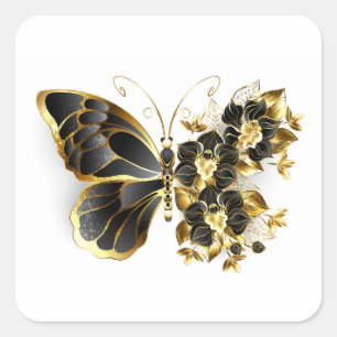 Adesivo Quadrado Borboleta Flor de Ouro com Orquídea Preta