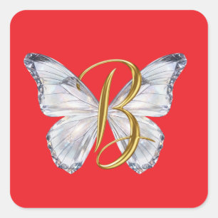 Adesivo Quadrado Borboleta Floral Elegante Letra B - Monograma Artí